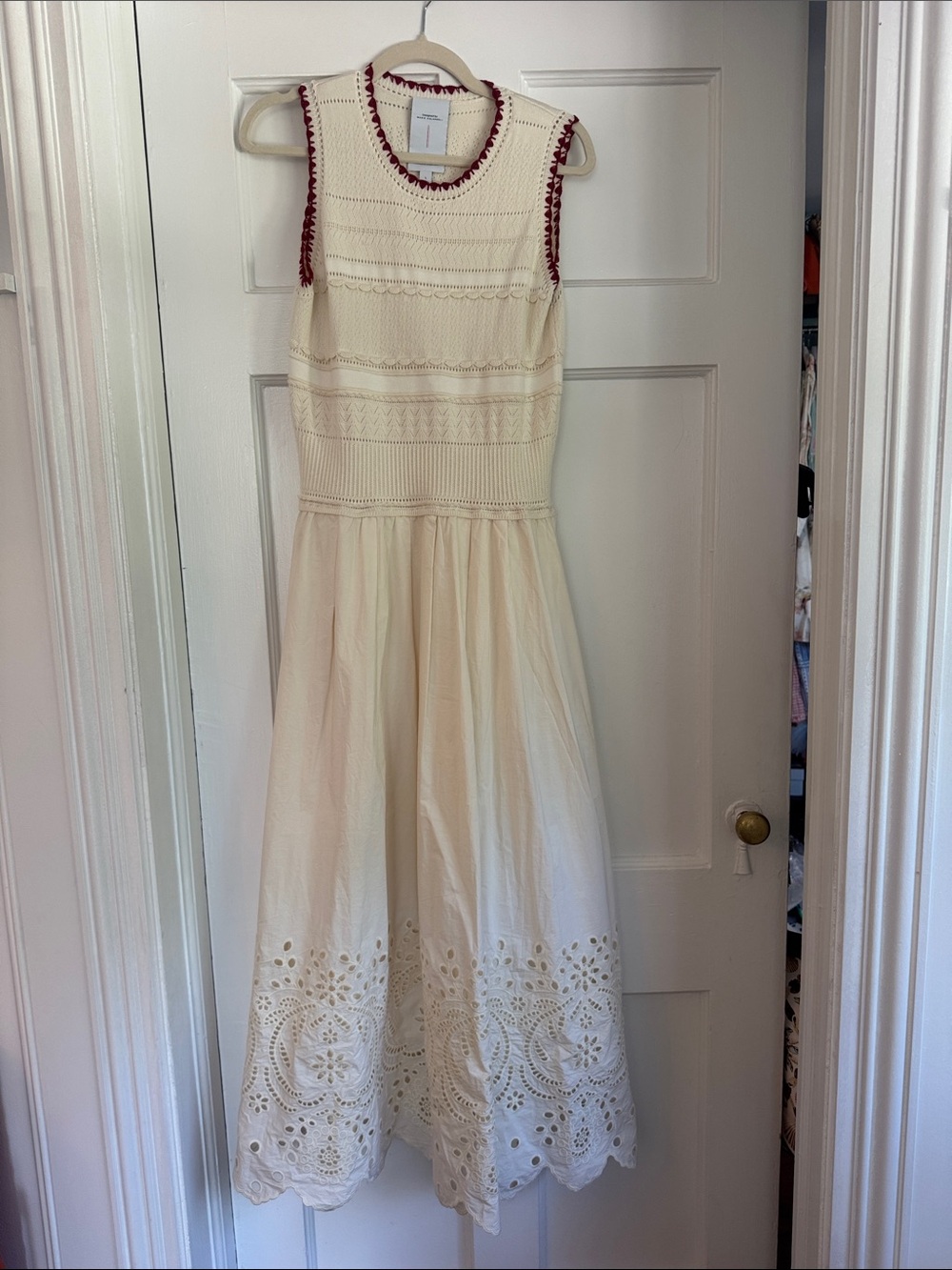 Sleeveless Cream Eyelet Midi Dress with Red Trim